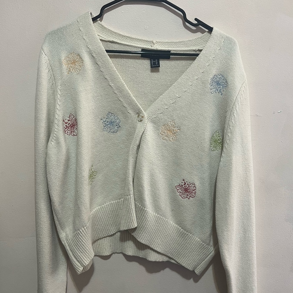 Women's Cream Cardigan Sweater with Floral Embroidery